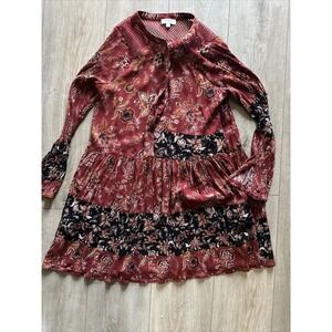 Umgee‎ Peasant Boho Maroon Floral V Neck Tunic Top Blouse Medium